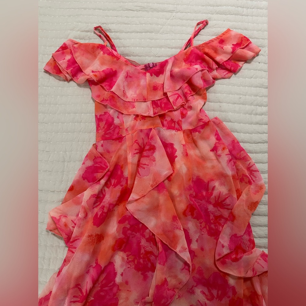 Pink Floral Ruffle Maxi Dress with slits